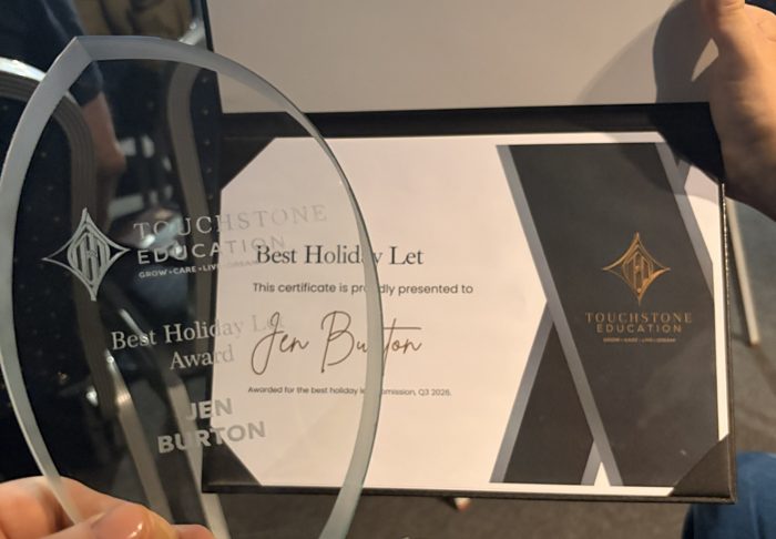 Jen's Best Holiday Let trophy and certificate